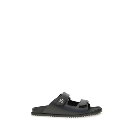 Dolce & Gabbana Black Calf Leather Flat Sandals