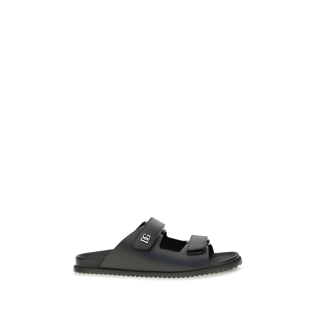 Dolce & Gabbana Black Calf Leather Flat Sandals