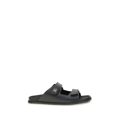Dolce & Gabbana Black Calf Leather Flat Sandals