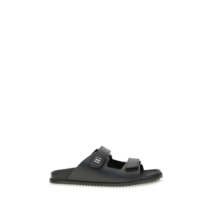 Dolce & Gabbana Black Calf Leather Flat Sandals