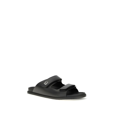 Dolce & Gabbana Black Calf Leather Flat Sandals