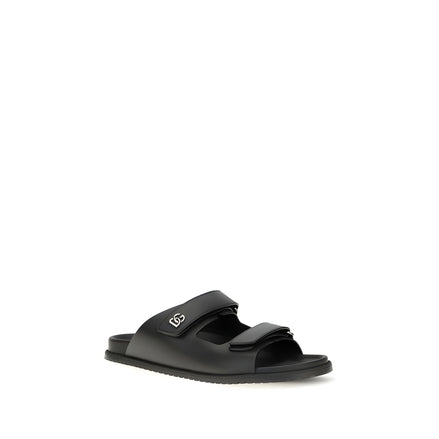 Dolce & Gabbana Black Calf Leather Flat Sandals