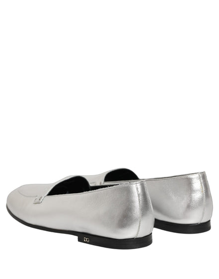 Dolce & Gabbana Silver Leather DG Logo Slip-On Loafers