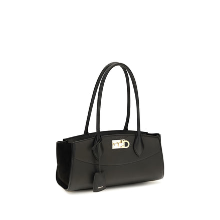Ferragamo Black Calf Leather Shoulder Bag East West