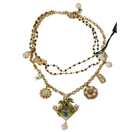 Dolce & Gabbana Gold Brass Crystal Floral Statement Charms Necklace