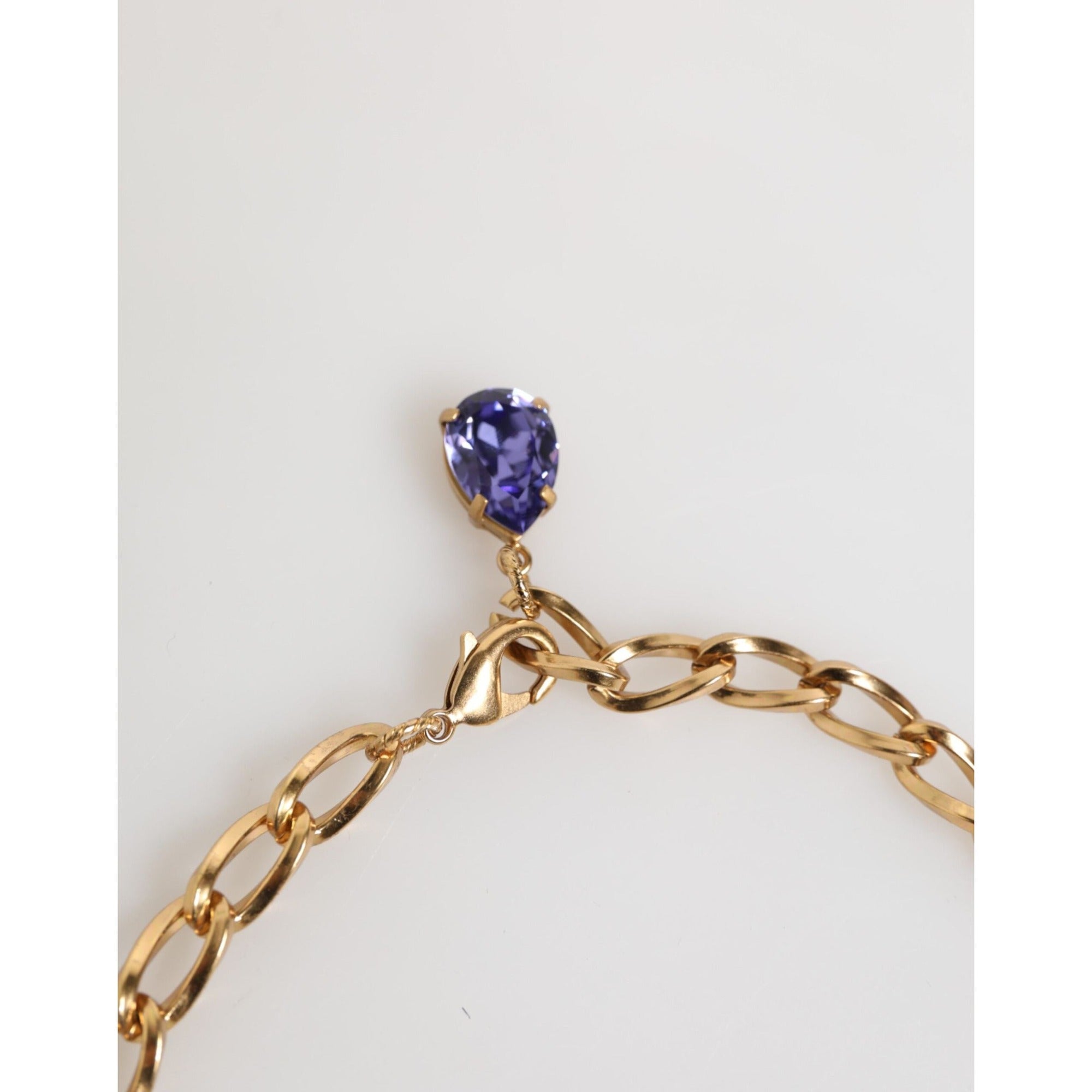 Dolce & Gabbana Gold Brass Crystal Pearl Purple Floral Pendant Jewelry Necklace