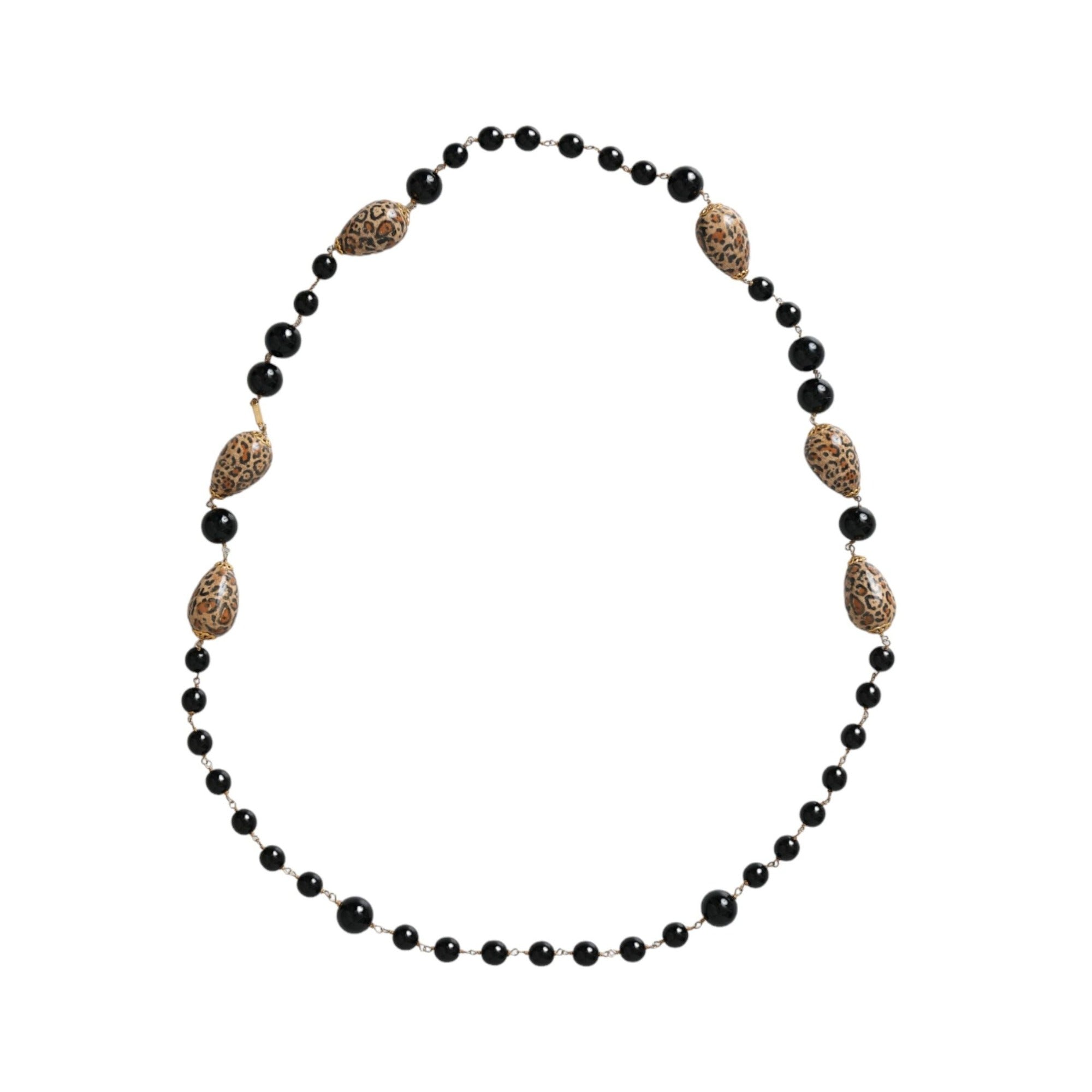 Dolce & Gabbana Gold Tone Brass Black Printed Beaded Long Chain Necklace