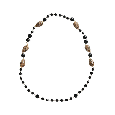 Dolce & Gabbana Gold Tone Brass Black Printed Beaded Long Chain Necklace