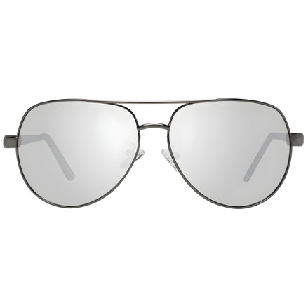 Silver aviator sunglasses with mirrored lenses and metal frame on white background