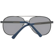 Back view of aviator sunglasses with black frame, gray lenses, and blue temple arms