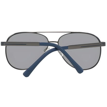 Back view of aviator sunglasses with black frame, gray lenses, and blue temple arms
