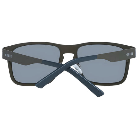 Black rectangular Guess sunglasses with dark lenses, folded arms, front view.