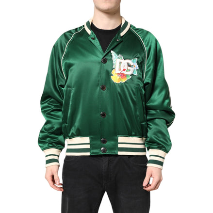 Blouson aviateur Dolce & Gabbana vert fleuri avec logo DG et fermeture éclair intégrale