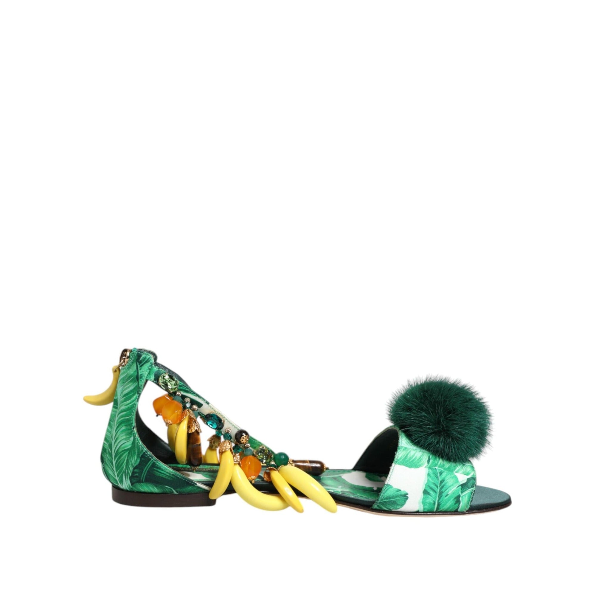 Dolce & Gabbana Green Mink Fur Banana Leaf Sandals