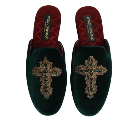 Chaussures mules en velours vert Dolce & Gabbana ornées d'une croix