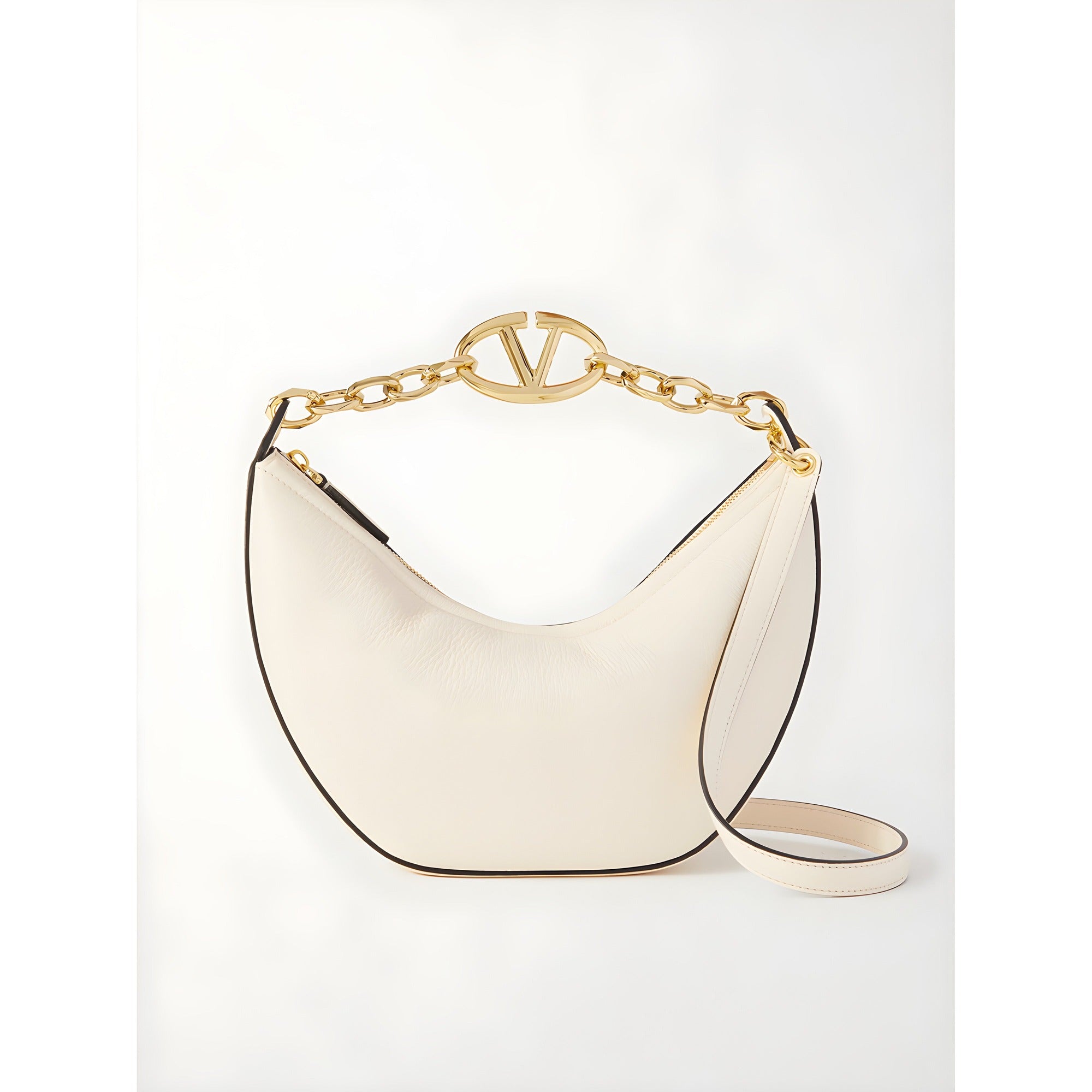 Valentino Garavani Ivory Leather Small Hobo Vlogo Shoulder Bag
