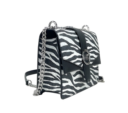 Michael Kors Greenwich Small Print Logo Crossbody Tote Chain Bag Black/White