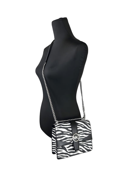 Michael Kors Greenwich Small Print Logo Crossbody Tote Chain Bag Black/White