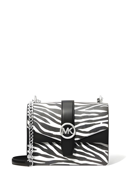 Michael Kors Greenwich Small Print Logo Crossbody Tote Chain Bag Black/White