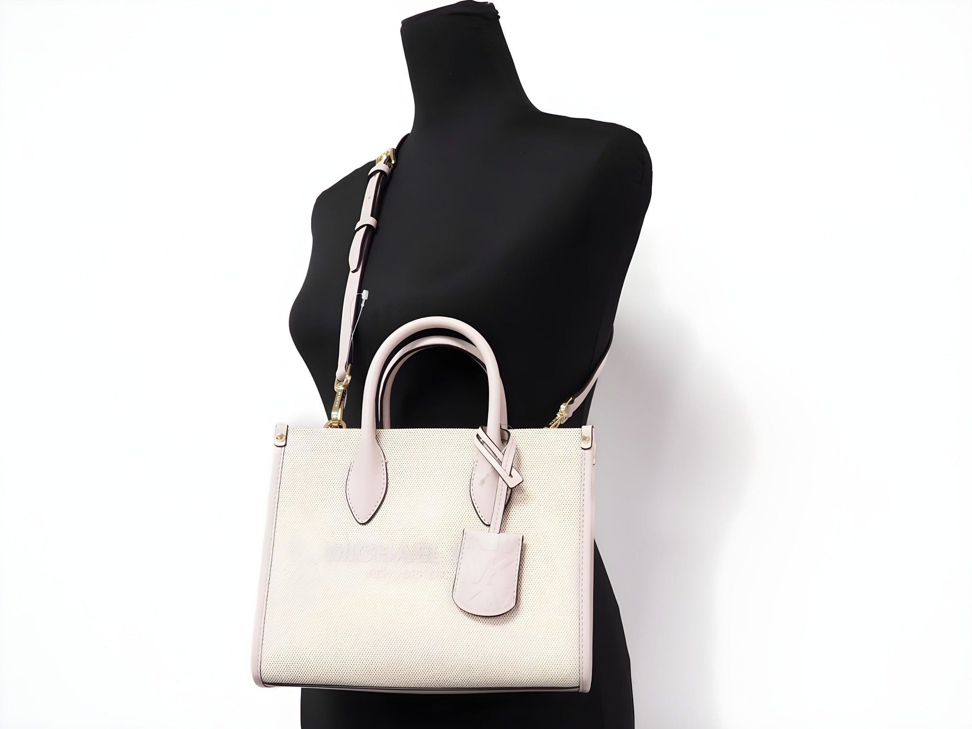 Michael Kors Mirella Small Powder Blush Canvas Shopper Crossbody Handbag Purse