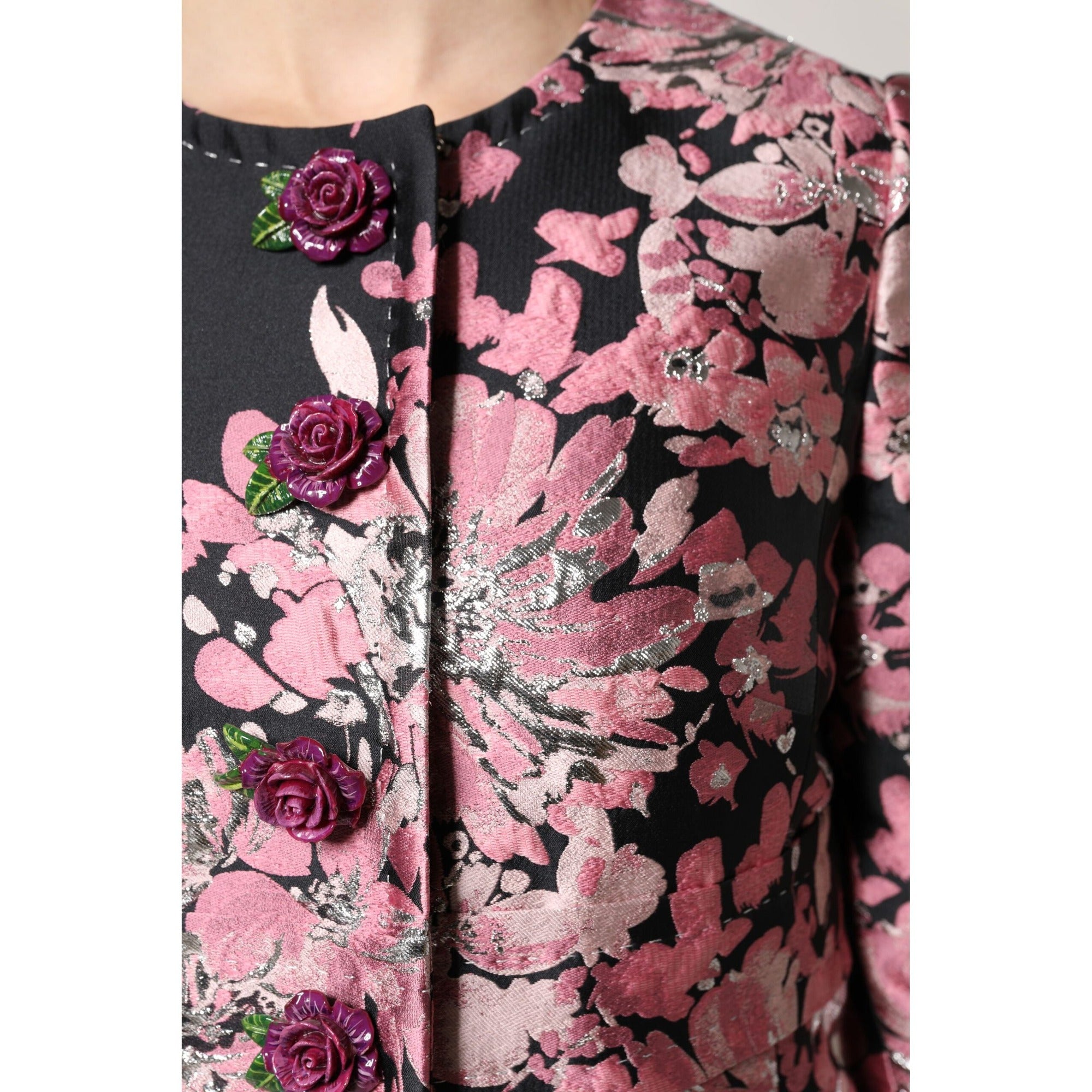 Dolce & Gabbana Pink Black Floral Brocade Trenchcoat Jacket