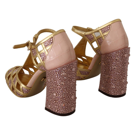 Dolce & Gabbana Pink Gold Leather Crystal T-Strap Pumps
