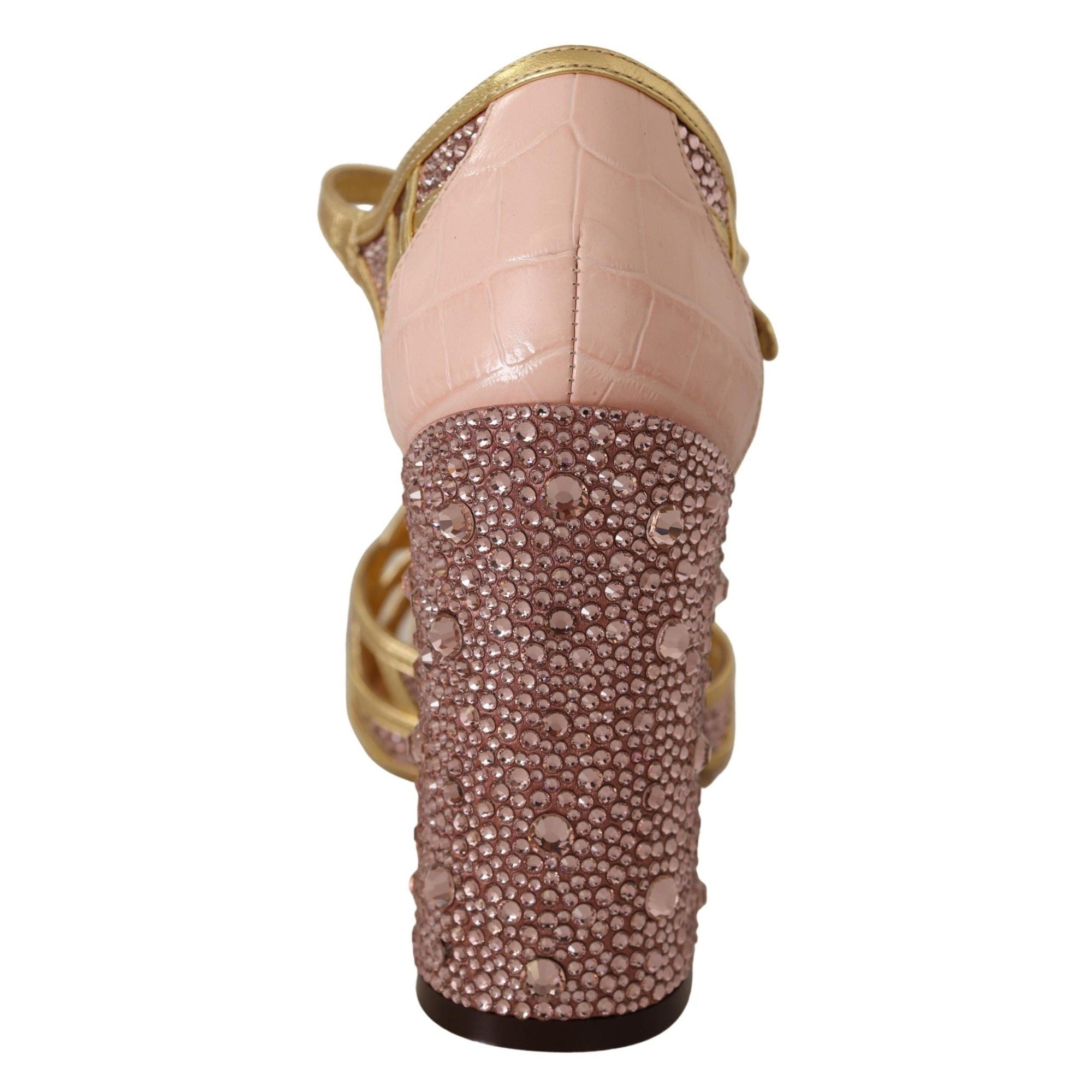 Dolce & Gabbana Pink Gold Leather Crystal T-Strap Pumps