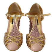 Dolce & Gabbana Pink Gold Leather Crystal T-Strap Pumps