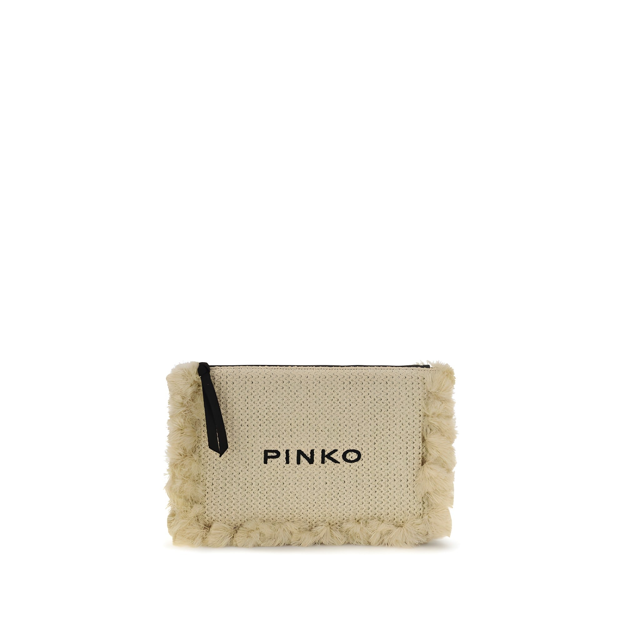 PINKO Beige Flat Handle Raffia Clutch