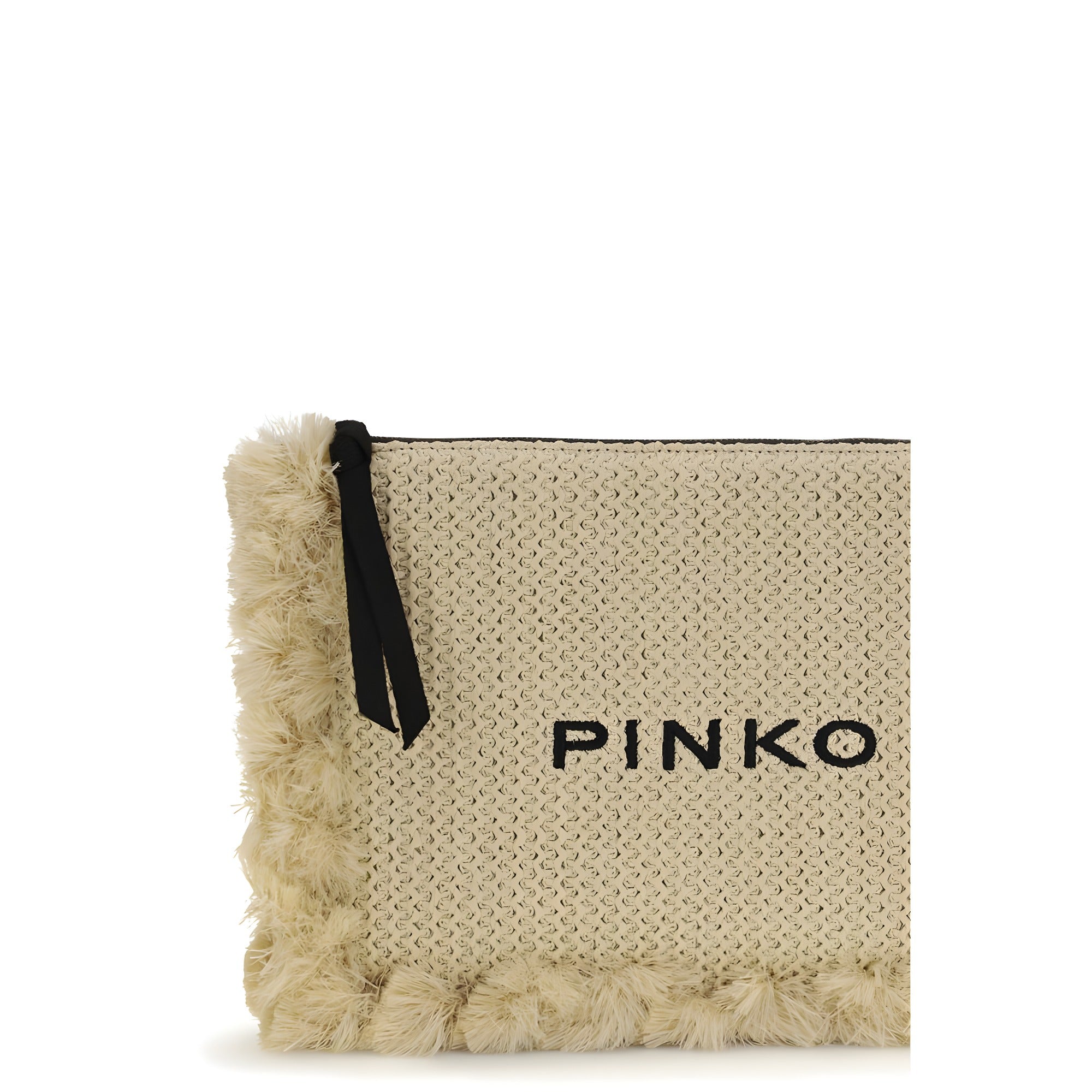PINKO Beige Flat Handle Raffia Clutch