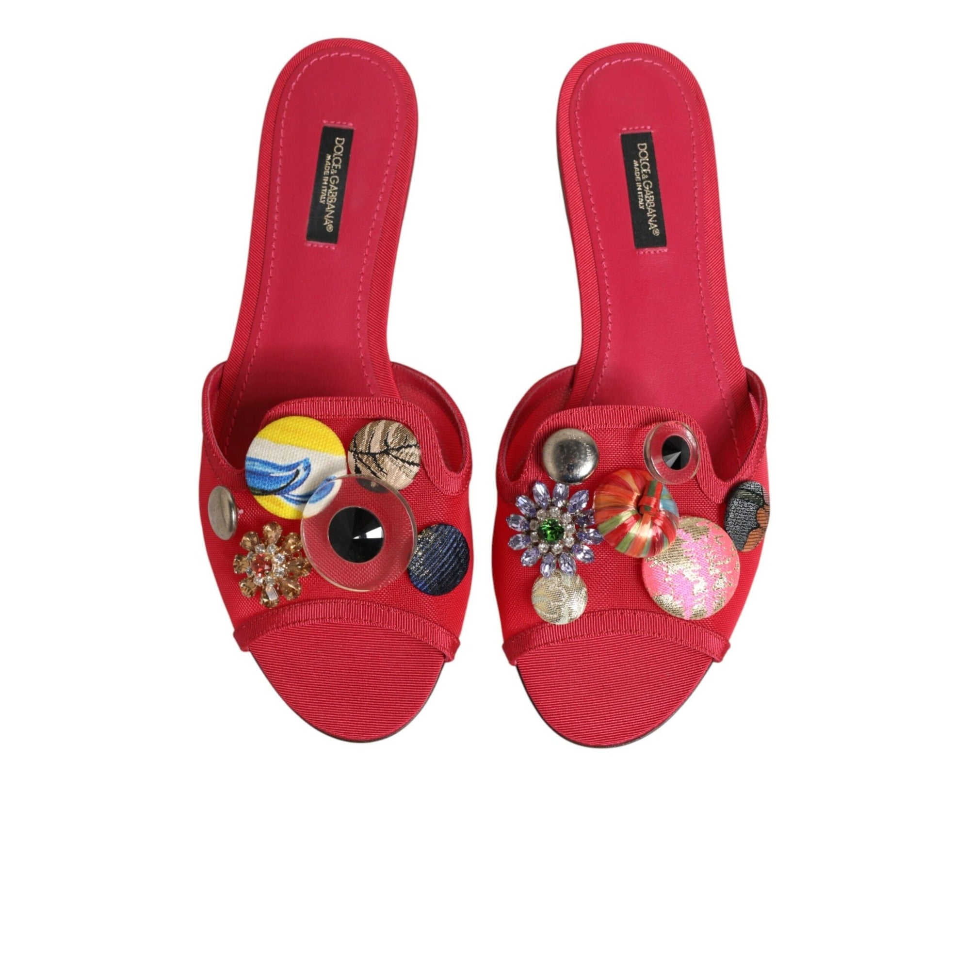 Dolce & Gabbana Red Embellished Slip-On Flat Sandals