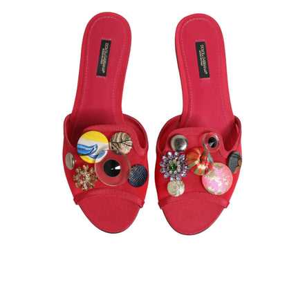 Dolce & Gabbana Red Embellished Slip-On Flat Sandals