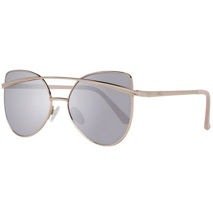Cat eye sunglasses with gold metal frame and grey tinted lenses, modern designer style