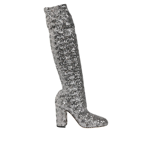 Dolce & Gabbana Silver Sequin Glitter High Heel Boots