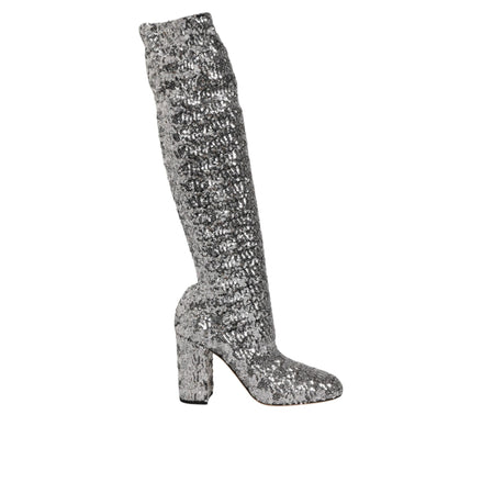 Dolce & Gabbana Silver Sequin Glitter High Heel Boots