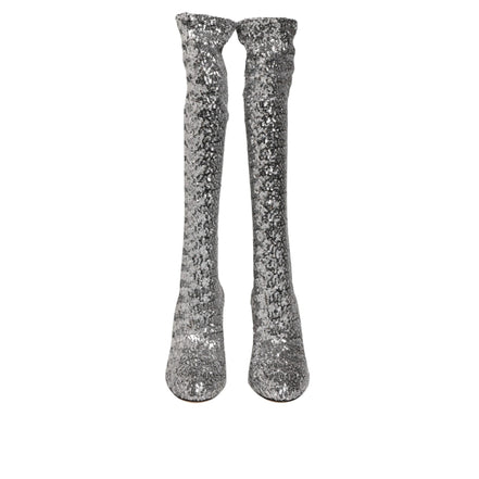 Dolce & Gabbana Silver Sequin Glitter High Heel Boots