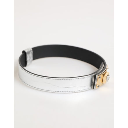 Dolce & Gabbana Silver Textured Leather Gold Tone Neckband