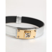 Dolce & Gabbana Silver Textured Leather Gold Tone Neckband