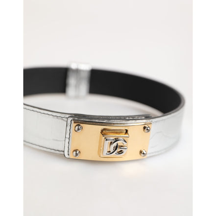 Dolce & Gabbana Silver Textured Leather Gold Tone Neckband