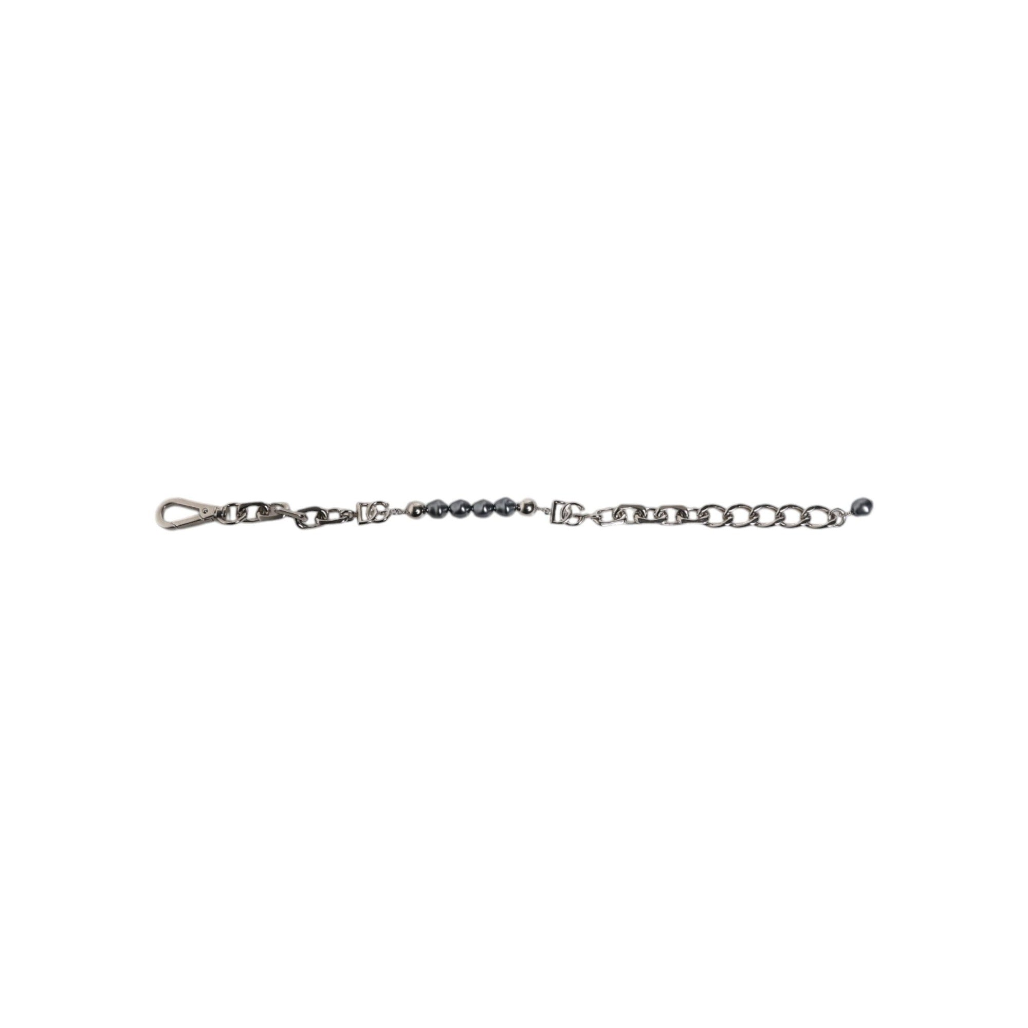 Bracelet Dolce & Gabbana en chaîne argentée, fermoir mousqueton, logo et perles grises