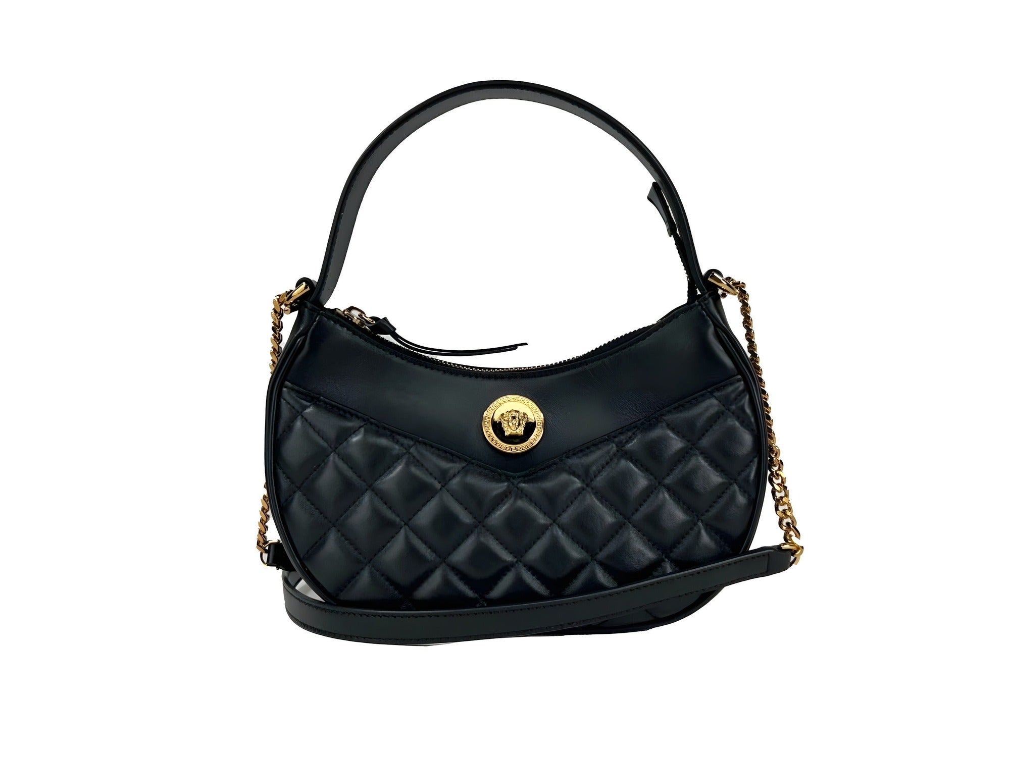 Versace Quilted Black Leather Half Moon Chain Crossbody Bag
