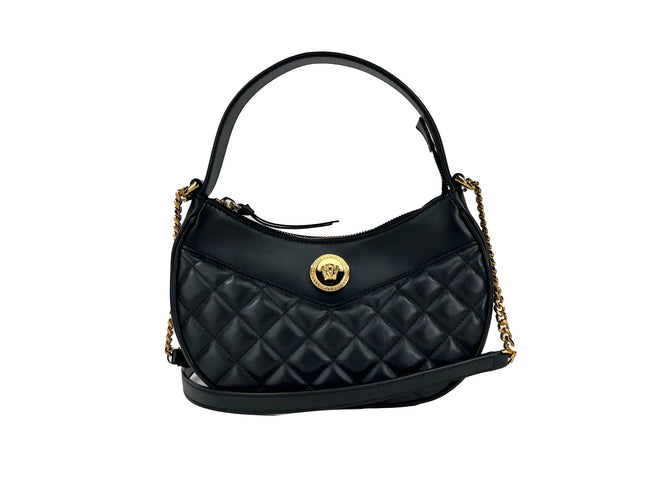 Versace Quilted Black Leather Half Moon Chain Crossbody Bag