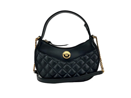 Versace Quilted Black Leather Half Moon Chain Crossbody Bag