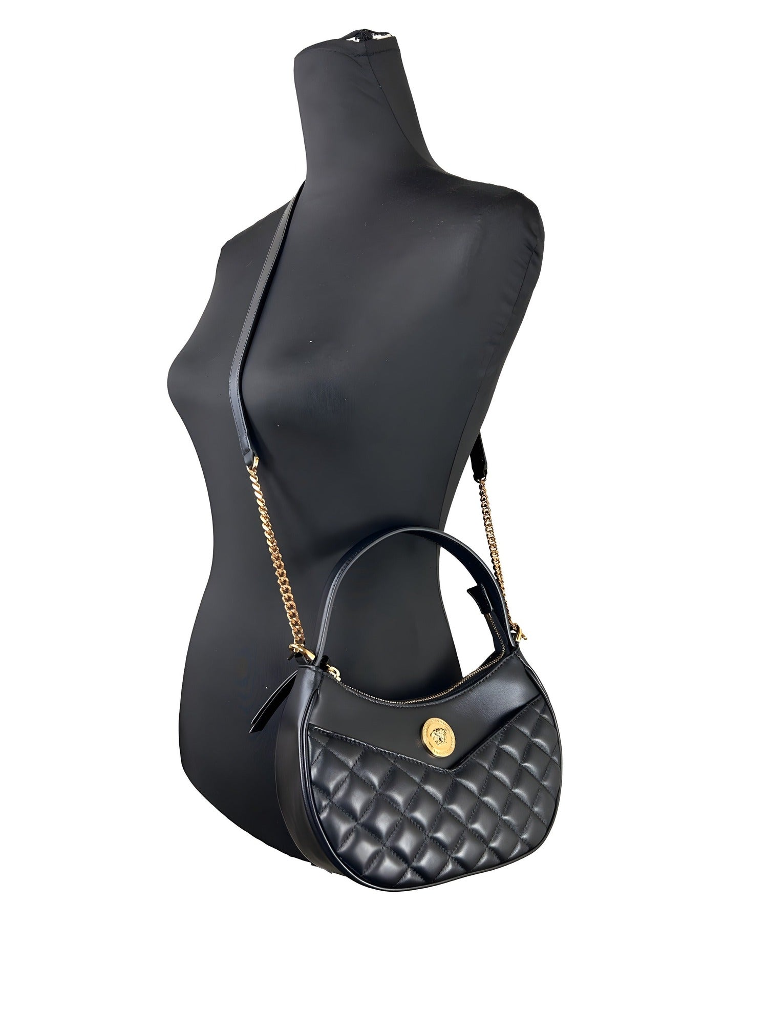 Versace Quilted Black Leather Half Moon Chain Crossbody Bag