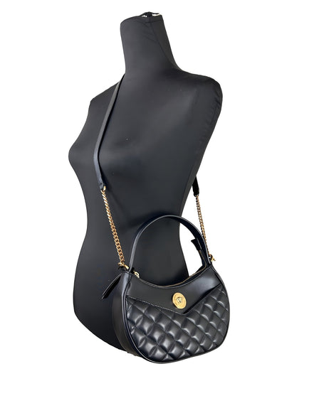 Versace Quilted Black Leather Half Moon Chain Crossbody Bag