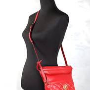 Versace Red Quilted Leather Drawstring Shoulder Bag Bucket Crossbody Handbag