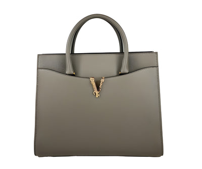 Sac fourre-tout Versace Virtus en cuir, grand modèle, avec poignée supérieure, gris