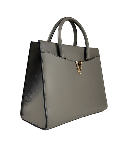 Sac fourre-tout Versace Virtus en cuir, grand modèle, avec poignée supérieure, gris