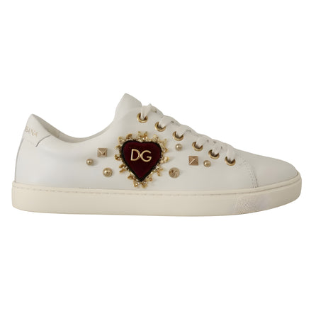 Dolce & Gabbana White Leather Gold Red Heart Sneakers
