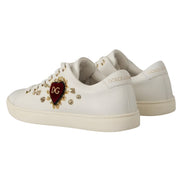 Dolce & Gabbana White Leather Gold Red Heart Sneakers